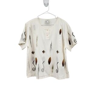 Play Alegre Women's Printed Short Sleeves Henley Shirt Art to Wear - L